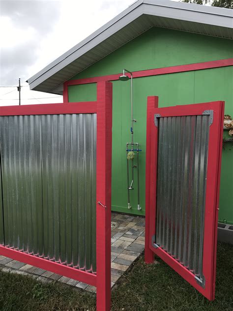 corrugated metal outdoor shower enclosure|galvanized shower.